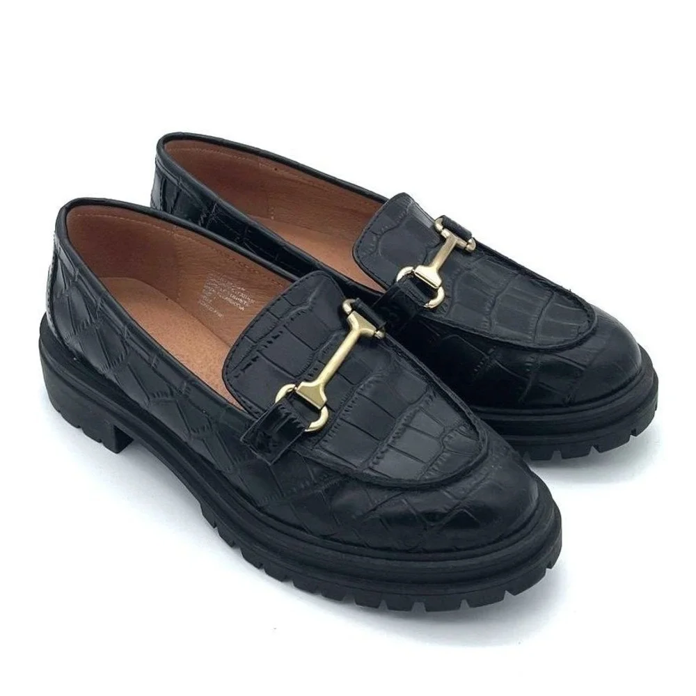 Madewell Black Leather Crocodile Textured Black and Gold Chain Academia Loafer 7